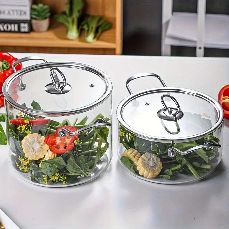 5,5 Liter Glas Topf mit Deckel, Glas Herd, Großvolumiger Suppentopf, Borosilikatglas Auflaufform mit Zweiohr-Suppentopf, Edelstahl