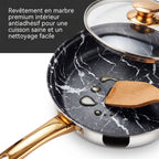 Set di 6 casseruole in acciaio inox per alimenti, con fondo a 5 strati, colore oro, ideali per cucinare, friggere e preparare zuppe.