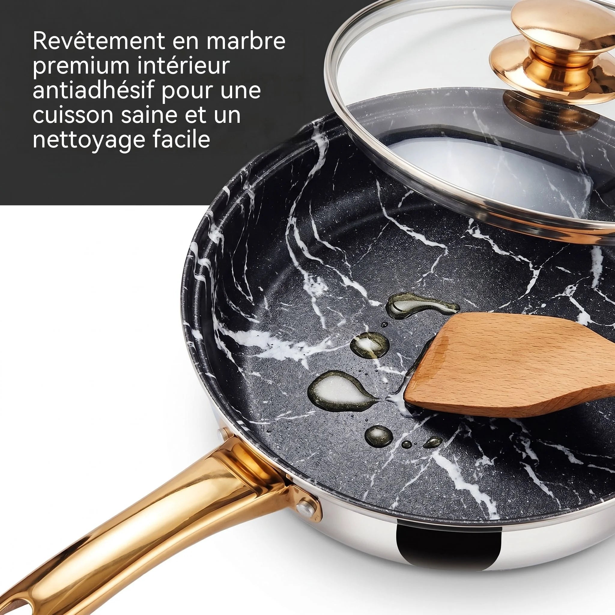 Set di 6 casseruole in acciaio inox per alimenti, con fondo a 5 strati, colore oro, ideali per cucinare, friggere e preparare zuppe.