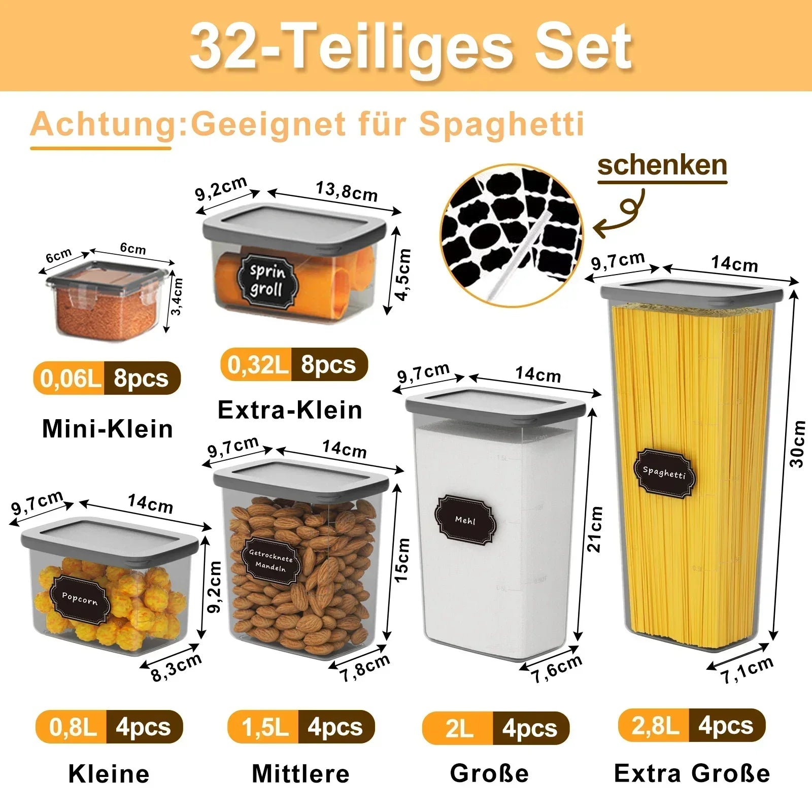 32-teiliges luftdichtes Lebensmittelbehälter-Set mit Deckeln, BPA-freie Kunststoff-Organizer für die Speisekammer, stapelbare Behälter für Müsli, Mehl, Nudeln, Getreide mit Etiketten und Marker
