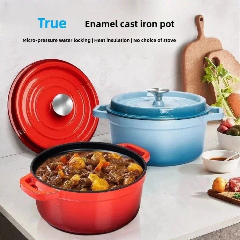 Pentola per zuppa domestica Pentola smaltata con coperchio Smalto ceramico Resistente al calore Due orecchie Pentola antiaderente Fornello a induzione a gas Utensili da cucina