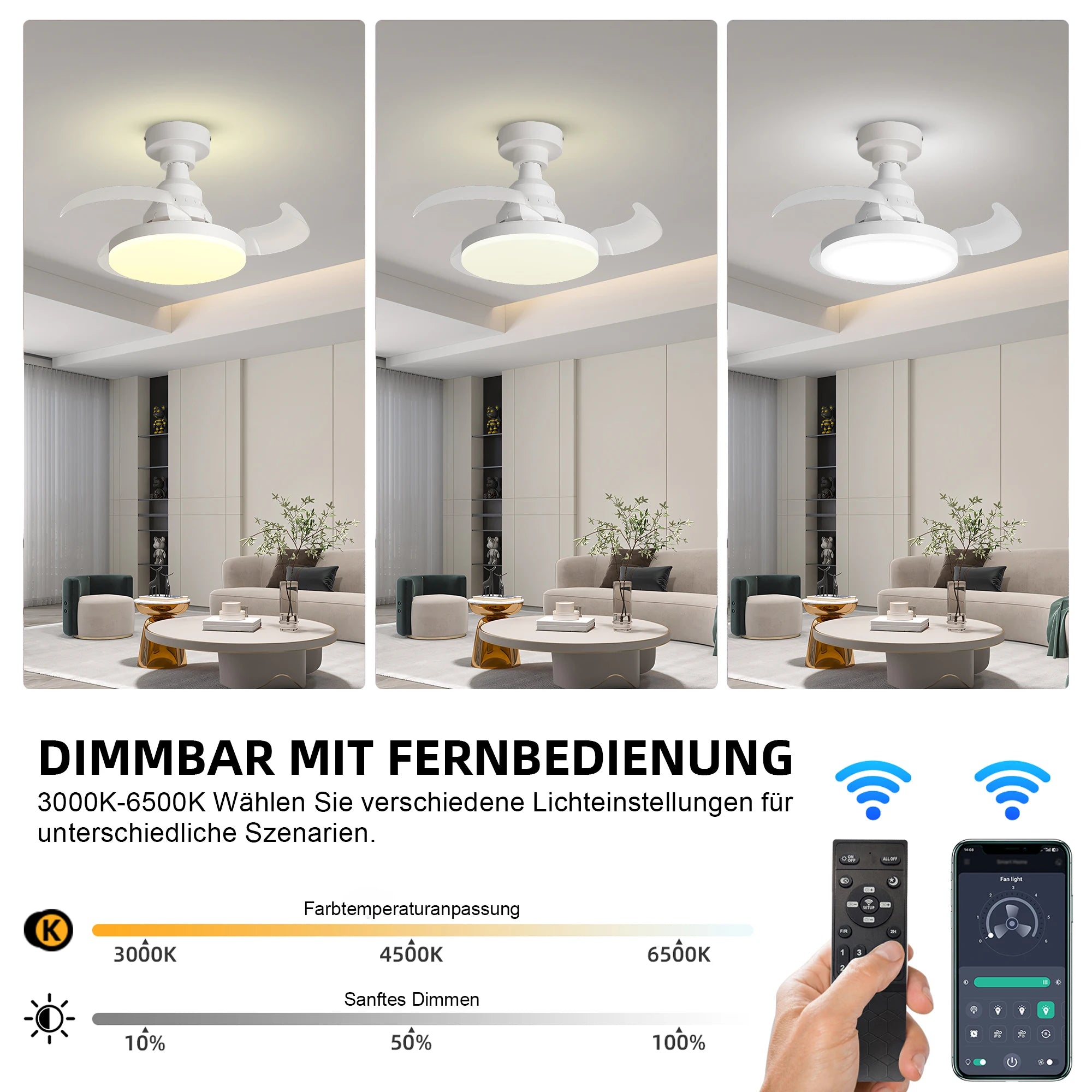 Ventilatore da soffitto con luce LED e telecomando - dimmerabile, 3000K-6500K, motore silenzioso, pale trasparenti, paralume in acrilico