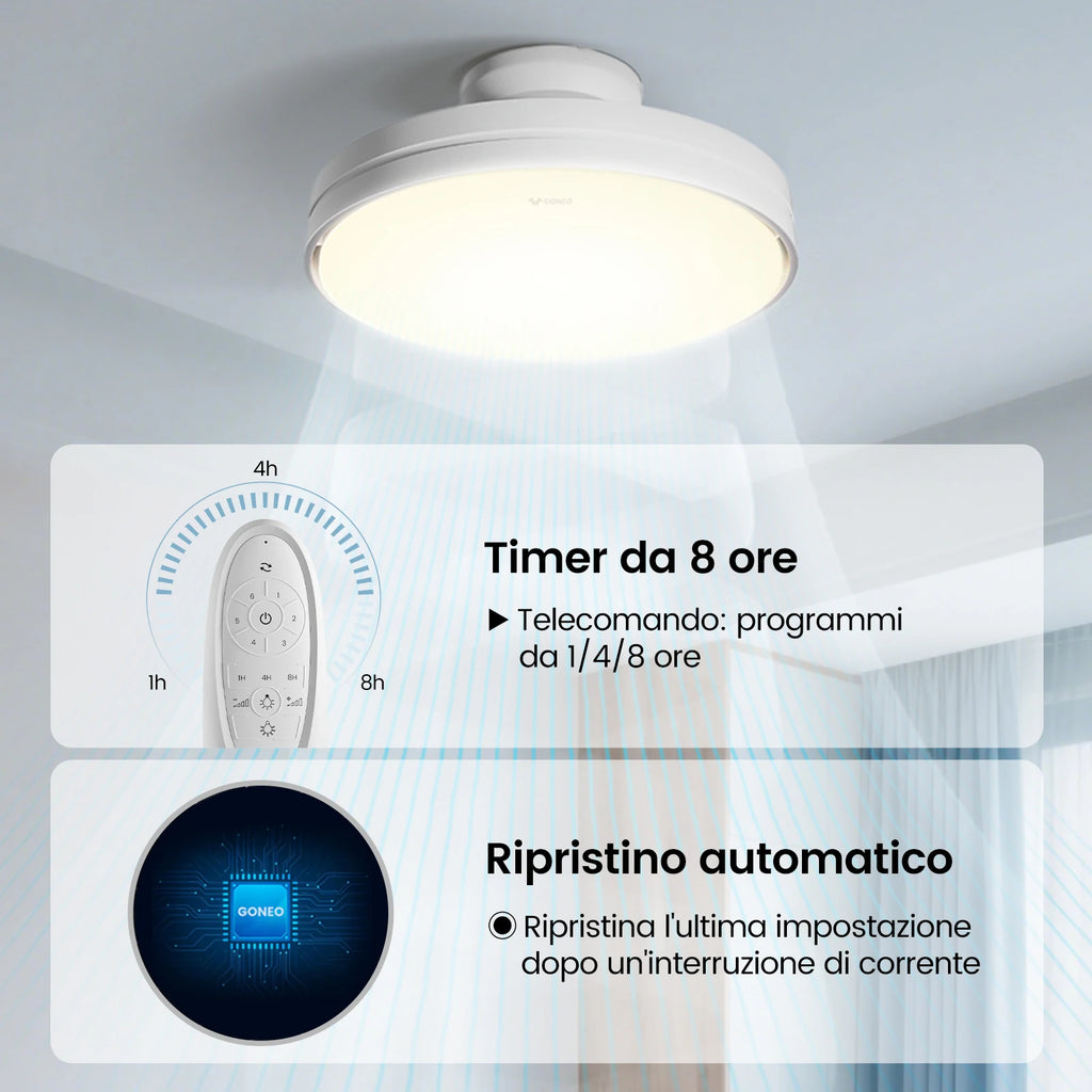 GONEO Ventilatore da soffitto senza lama con luce, LED dimmerabile, motore CC ultra silenzioso a 6 velocità con telecomando per soggiorno camera da letto
