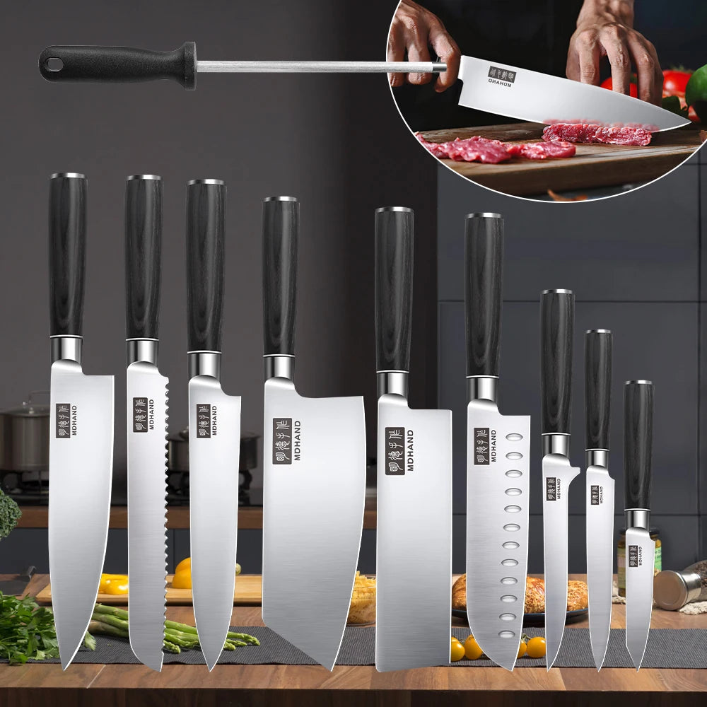 Professionelles 10-teiliges Küchenmesser-Set Chefmesser Tranchiermesser Hochkohlenstoffstahl Superscharfer Holzgriff Geschenkbox