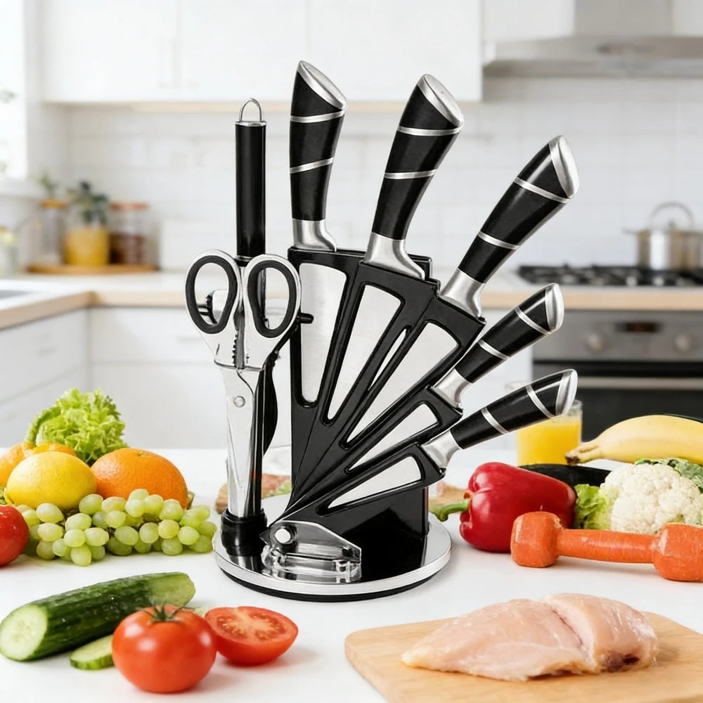 Set mit 9 schwarzen Küchenmessern mit hohlem Edelstahlgriff, scharf, langlebig, rostfrei, hohe Härte, mit Messerblock für zu Hause
