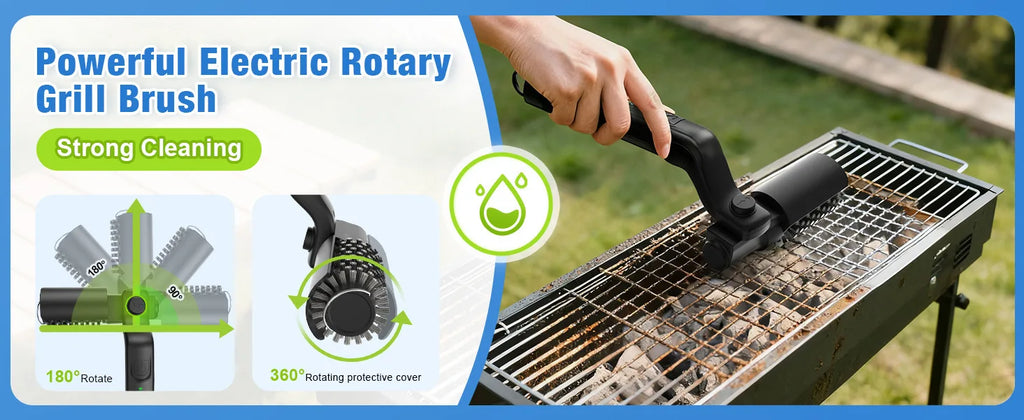 Elektrische Grillbürste mit 3 Geschwindigkeitsstufen, 180°° Verstellbarer Kopf für die Reinigung von Outdoor-Grills und Räucheröfen, 90 Minuten Akkulaufzeit