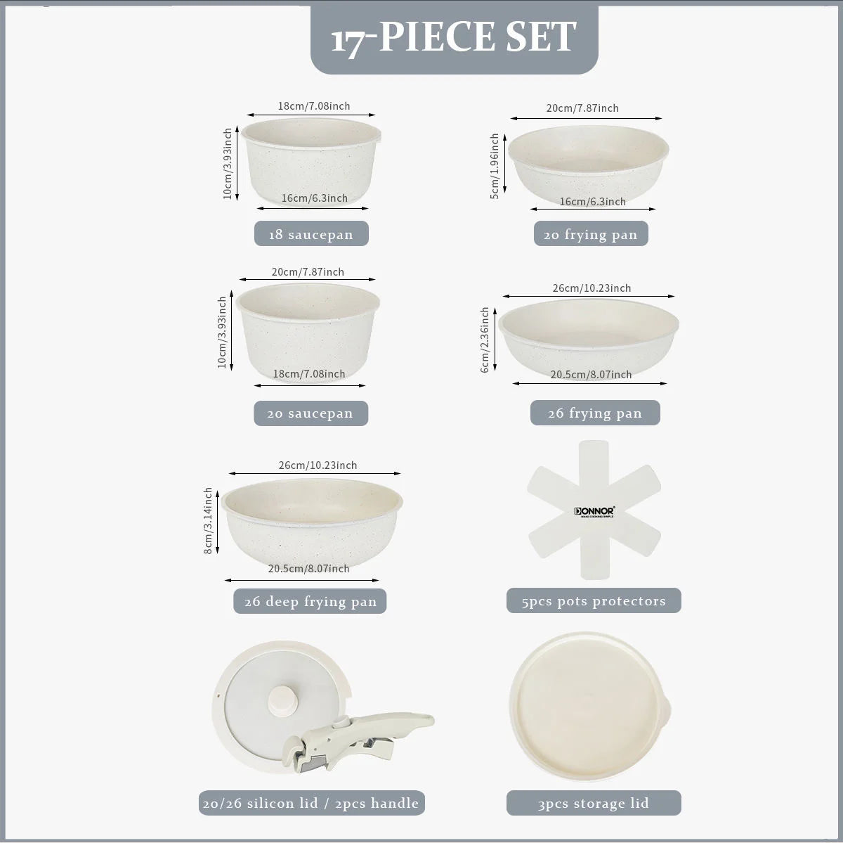 DONNOR 5-teiliges/17-teiliges Antihaft-Pfannenset, ungiftige Pfanne mit abnehmbarem Griff, Aluminium-Druckguss-Milchkasserollen-Set