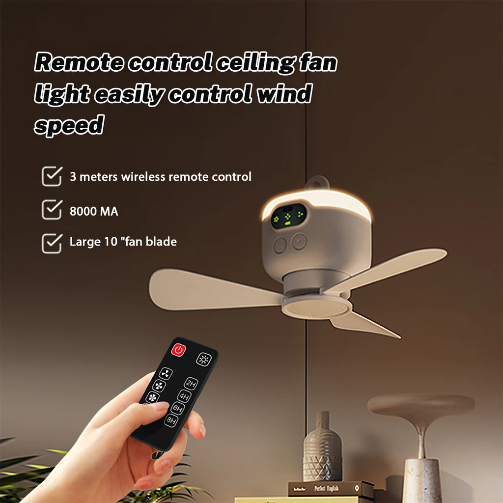 Ventilatore da soffitto USB da 8000 mAh, ventilatore da campeggio ricaricabile con luci a LED e telecomando, ventilatore portatile da tenda per viaggi all'aperto, silenzioso a 3 velocità (bianco), ventilatore da soffitto ric