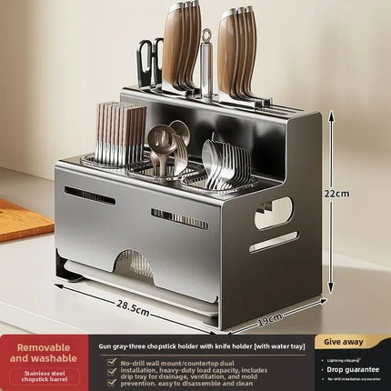 Multifunctional Kitchen Utensil Holder with Integrated Chopstick Rest, No-Drill Wall-Mounted Organizer for Knives and Utensils