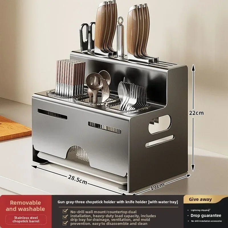 Porta Utensili da Cucina Multifunzionale con Porta Bacchette Integrato, Organizzatore da Parete Senza Foratura per Coltelli e Utensili