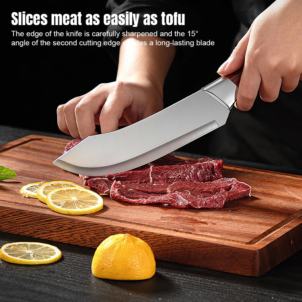 ZENG 4-teiliges Edelstahl-Fleischermesser-Set mit rotem Kunstholzgriff und Lederscheiden für die Küche