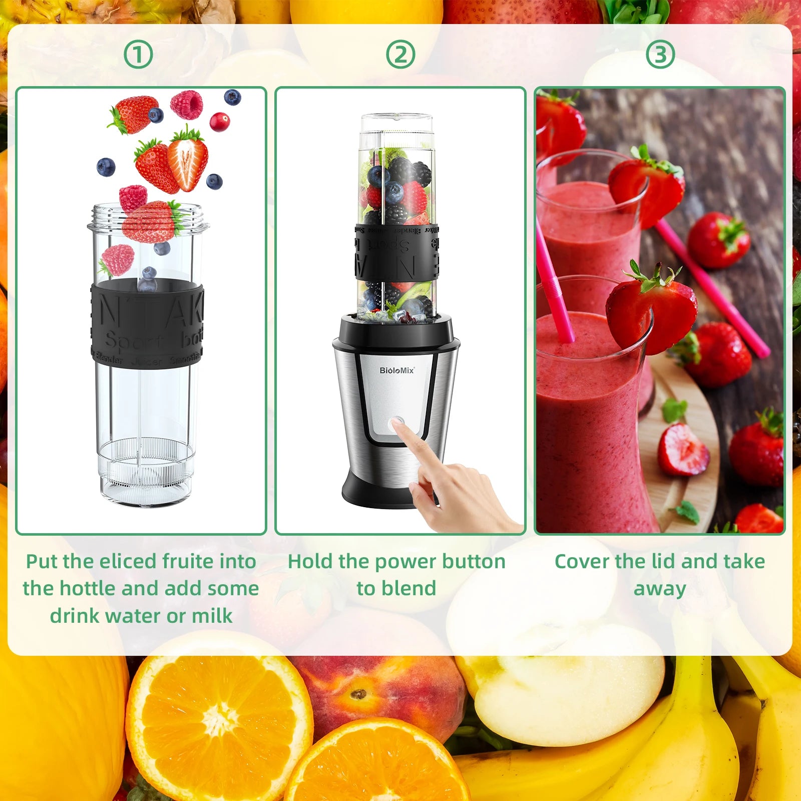 BioloMix 700W 3-in-1 Multifunktionaler tragbarer Küchenroboter Entsafter Mixer Smoothie Mixer Lebensmittelhacker Trockenmühle für die Küche