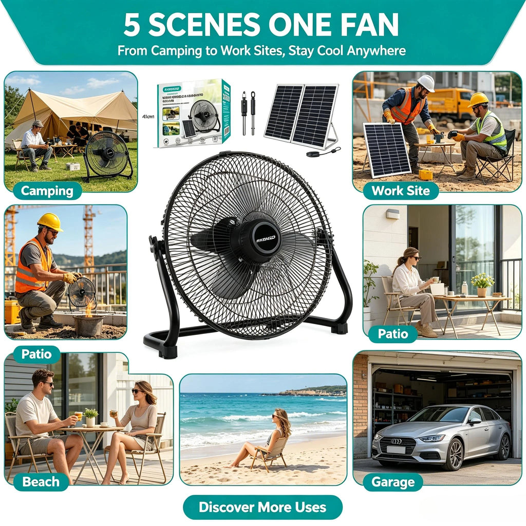 Arrango Solarbetriebener Standventilator, neigbar, leise, 3 Geschwindigkeiten, mit abnehmbarem Solarpanel für Wohnmobil, Angeln, Kühlung bei Stromausfall oder außerhalb des Stromnetzes