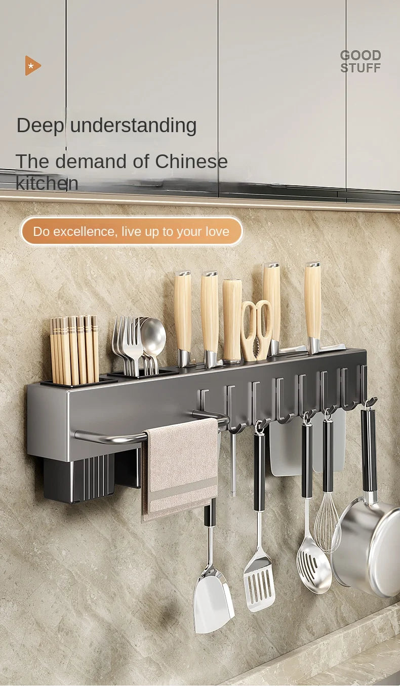 Mensola da cucina senza attrezzi, accessori da cucina, tubo per bacchette multifunzionale a parete, deposito per coltelli e attrezzi