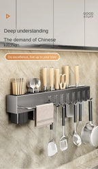 Mensola da cucina senza attrezzi, accessori da cucina, tubo per bacchette multifunzionale a parete, deposito per coltelli e attrezzi