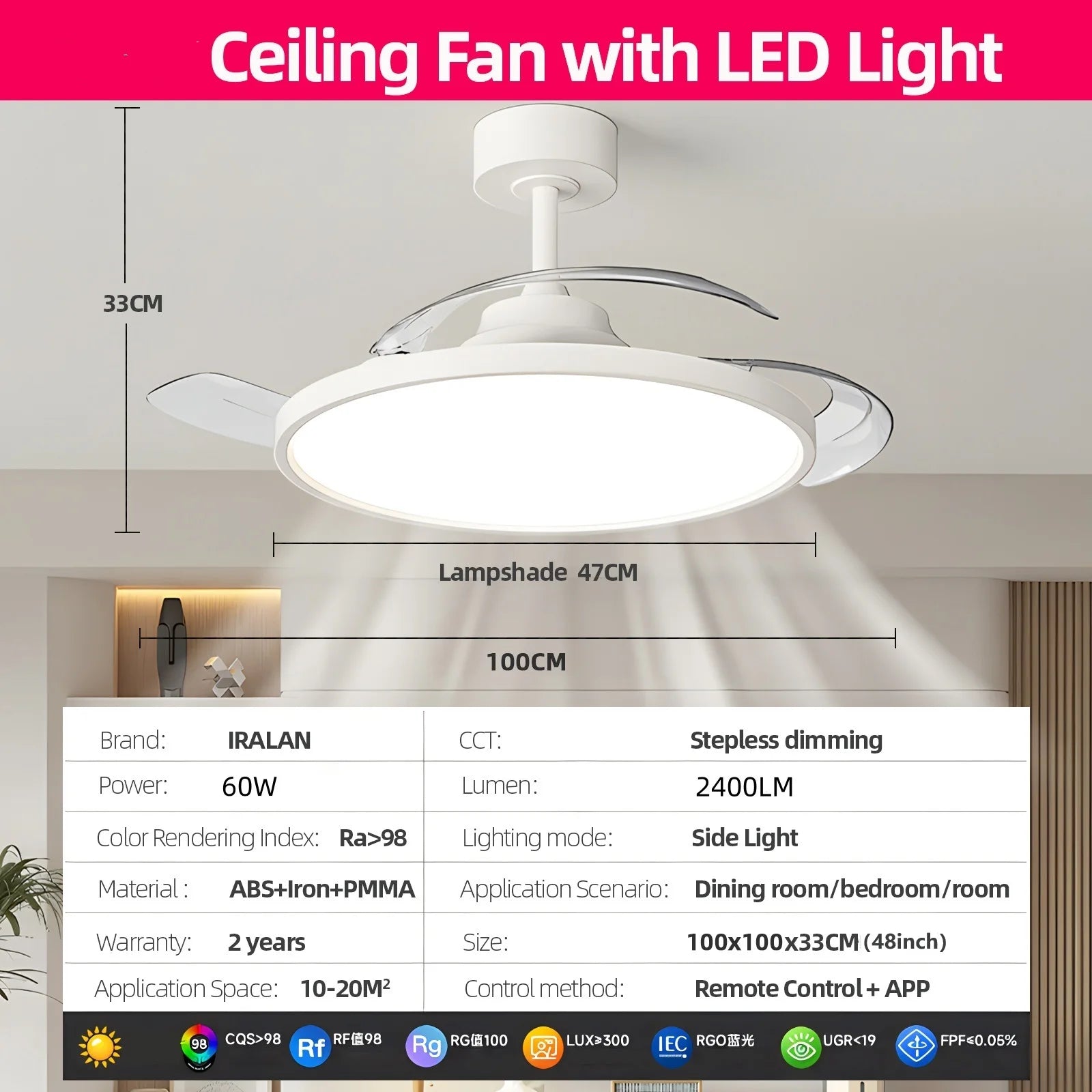 Ventilatore da Soffitto Invisibile con Luce, Pale Retrattili, Grande Ventilatore Elettrico per Raffreddamento e Ventilazione, Telecomando, Illuminazione Dimmerabile