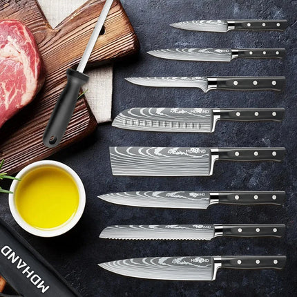 MDHAND 8 Piece Kitchen Knife Set Sharp Japanese Chef Knife, Fin Chopper, Multi-Purpose Bread Slicing Knife ABS Handle with Nylon Bag