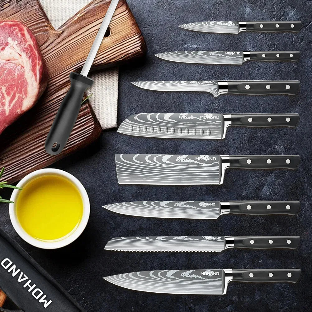 MDHAND Messerset, 8-teilig, scharfes japanisches Kochmesser, Hackbeil, Mehrzweckmesser für Brot und Scheiben, ABS-Griff mit Nylontasche