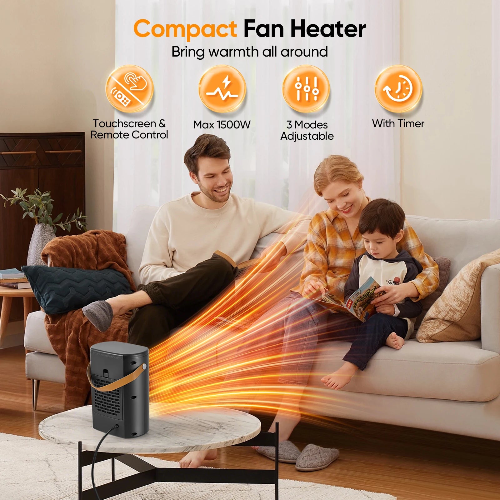 Ventilatore con telecomando, 1500W, 3 modalità di riscaldamento, timer 12H, 70 °   oscillazione, ventola PTC Risparmio energetico, protezione da surriscaldamento inclinabile