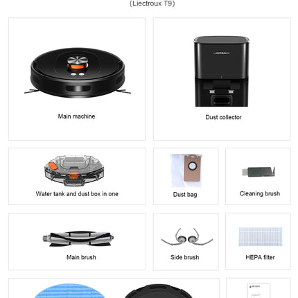 Liectroux T9 Robot Vacuum and Mop with LDS Navigation, 6500Pa Powerful Suction, Auto-Empty Station, Multi-Floor Mapping, Carpet Boost, Tangle-Free Brushes, 2.4/5GHz WiFi