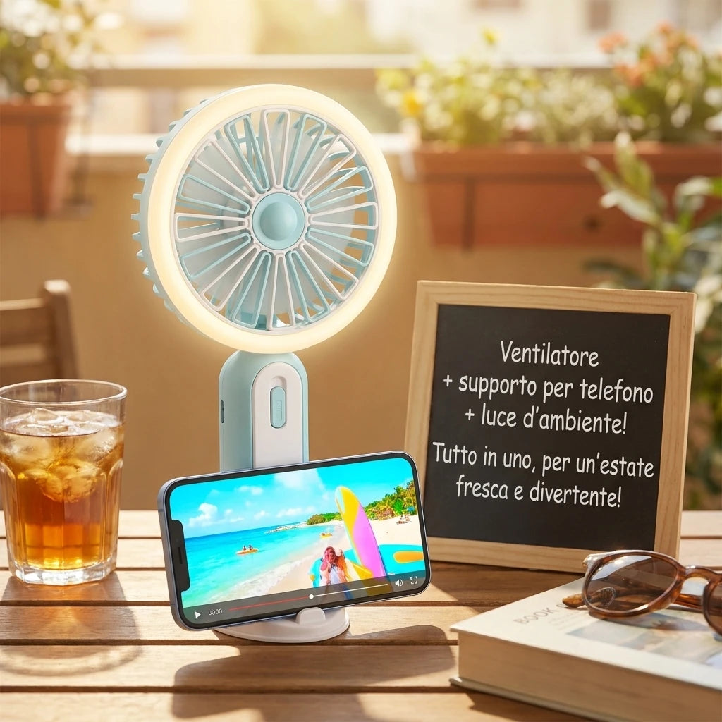 Mini ventilatore portatile con ricarica USB, ventilatore da tavolo, ventilatore portatile con luce ambientale integrata, tre livelli di velocità, per ufficio, viaggi, trucco, campeggio, pendolarismo all'aperto