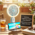 Mini ventilatore portatile con ricarica USB, ventilatore da tavolo, ventilatore portatile con luce ambientale integrata, tre livelli di velocità, per ufficio, viaggi, trucco, campeggio, pendolarismo all'aperto