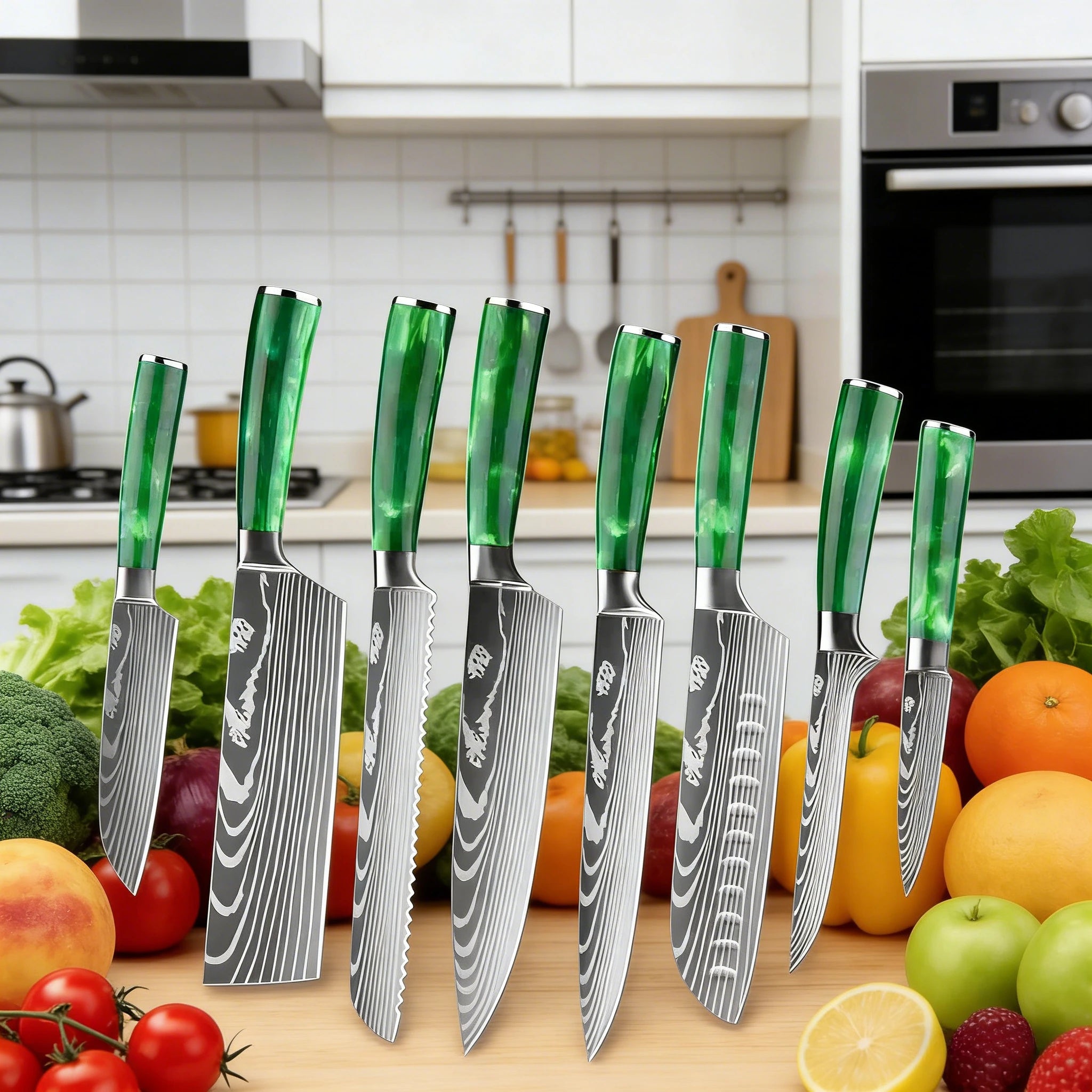 Set mit 8 scharfen und langlebigen ZENG Edelstahlmessern, mit grünem Harzgriff, tragbarer Nylontasche, Küchenutensilien für Zuhause und als Geschenk