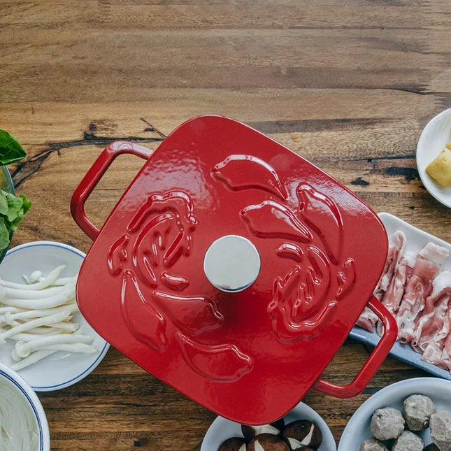 Ruby Red Enameled Cast Iron Deep Induction Cooker Gas Universal Stew Pot with Micro Pressure Lock for Fresh Cooking