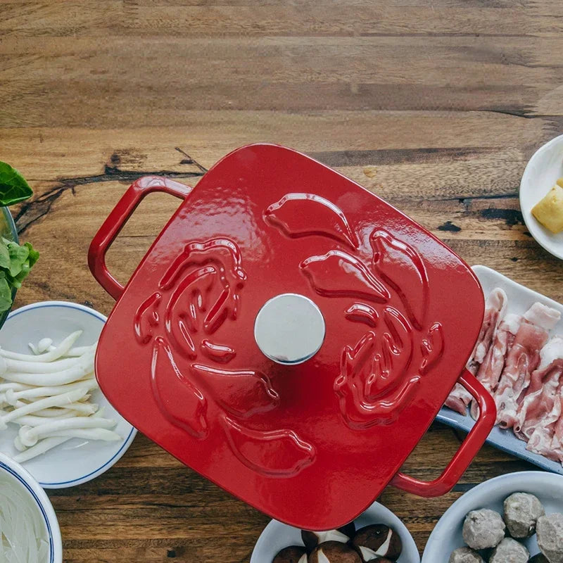 Pentola in ghisa smaltata rosso rubino Fornello a induzione profonda Pentola per stufato universale a gas con micro bloccaggio a pressione per cucinare fresca