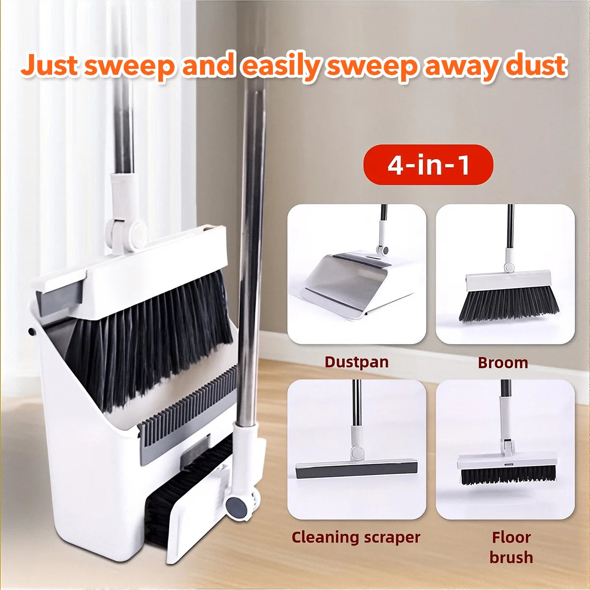 4-in-1-Set aus faltbarer Kehrgarnitur mit integrierten Kammzähnen, mehreren Ersatzköpfen, strapazierfähigem Reinigungsset für Zuhause, Küche, Bad und Bodenreinigung.