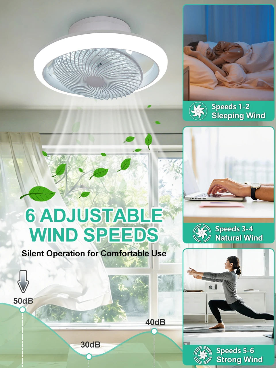 Ventilatore da Soffitto Intelligente con Luci a 360° °   Lampada Ventilatore Moderna Girevole con Controllo Remoto APP, Dimmerabile, 6 Velocità del Vento, Flusso d'Aria Reversibile per Interni