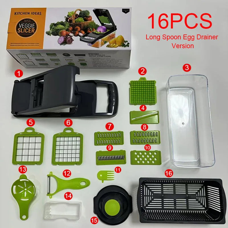 16 IN 1 Multifunzionale Tritatutto Per Verdure Manico Grattugia Per Alimenti Uovo Separatore di Liquidi Pelapatate Affettatrice di Verdure Dicer Taglierina Da Cucina