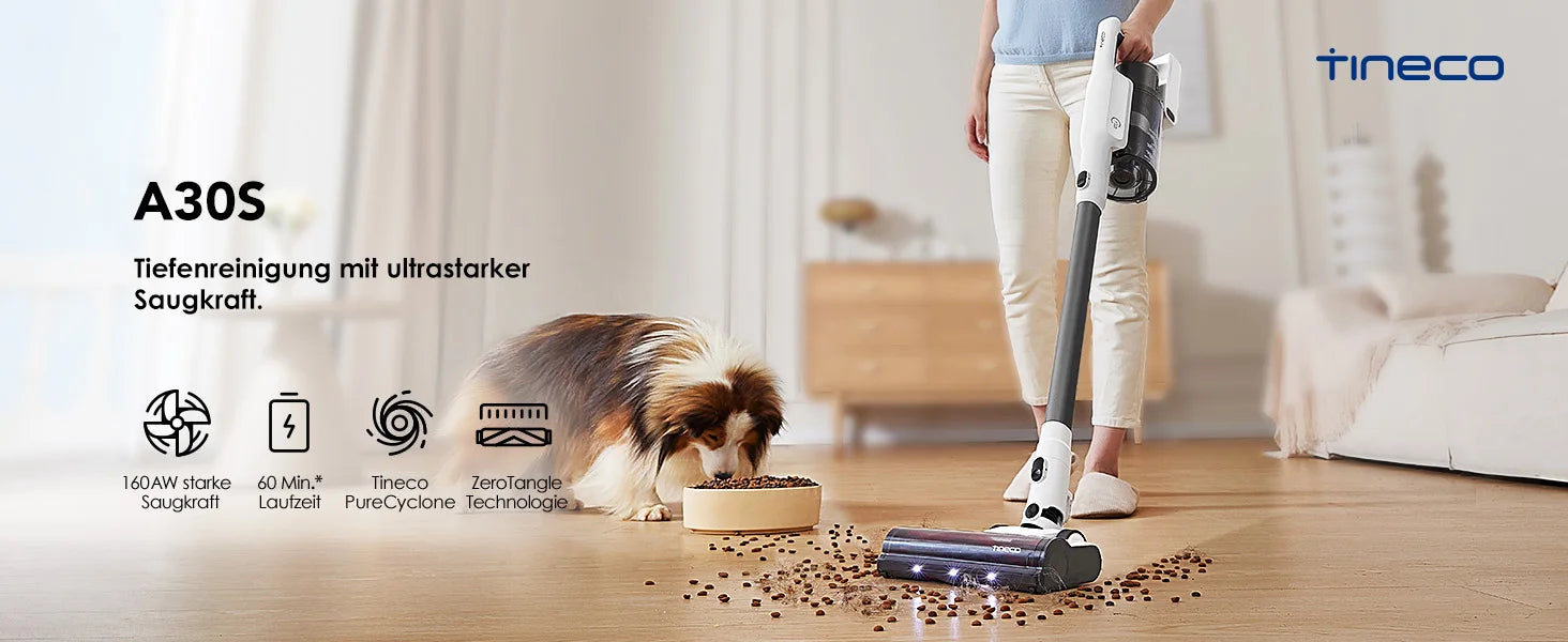 Tineco A30S, Kabelloser Staubsauger, 160 W Saugleistung, 60 Minuten Laufzeit, 1 l Staubbehälter, ZeroTangle-Bürste, PureCyclone-Technologie, LED-Licht