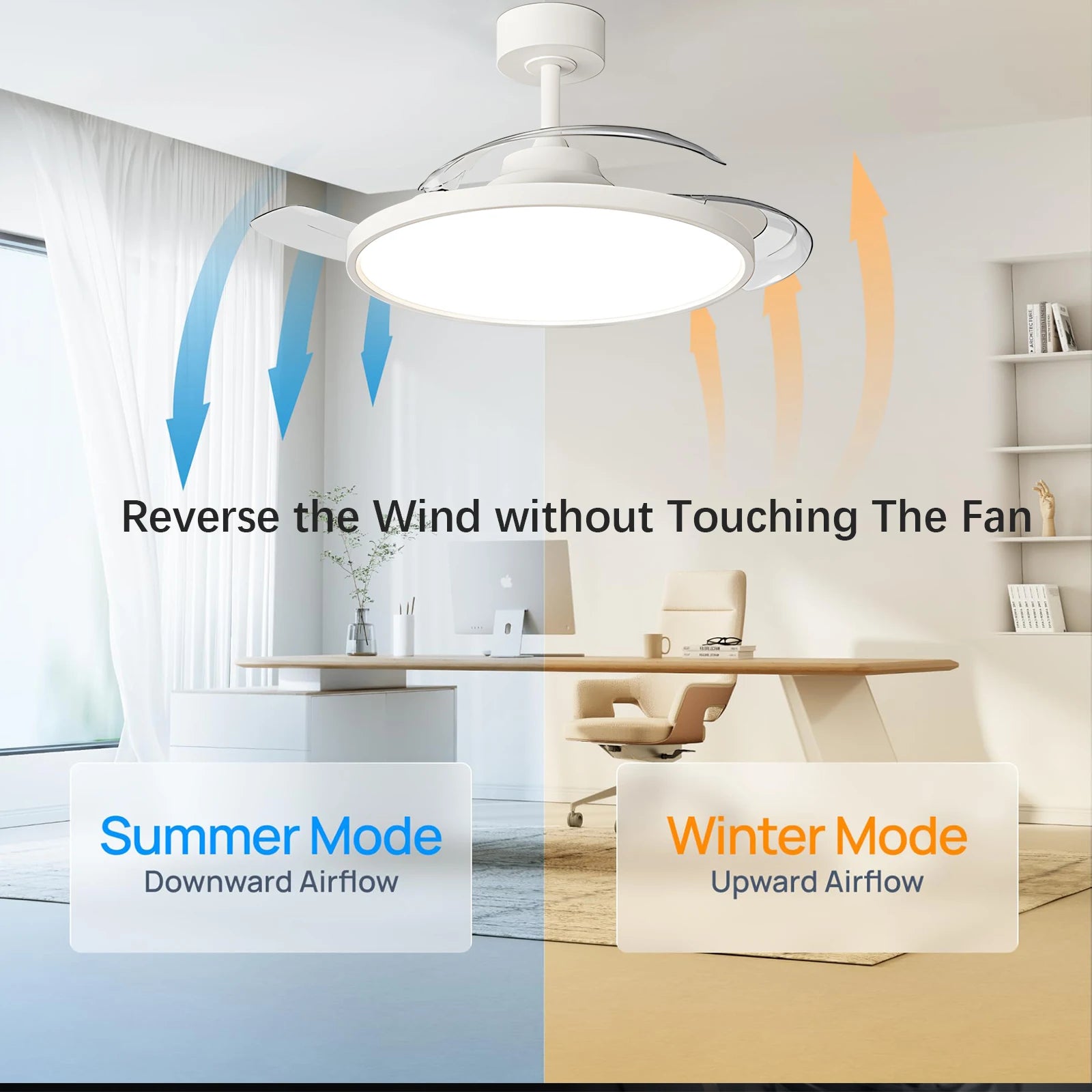 Ventilatore da Soffitto Invisibile con Luce, Pale Retrattili, Grande Ventilatore Elettrico per Raffreddamento e Ventilazione, Telecomando, Illuminazione Dimmerabile
