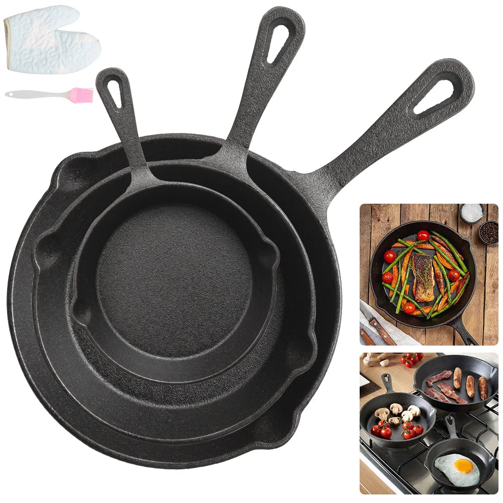 Set di 3 Padelle in Ghisa Non Rivestita Nera per Friggere, Pentola Antiaderente in Acciaio, Padella e Casseruola per Cucina