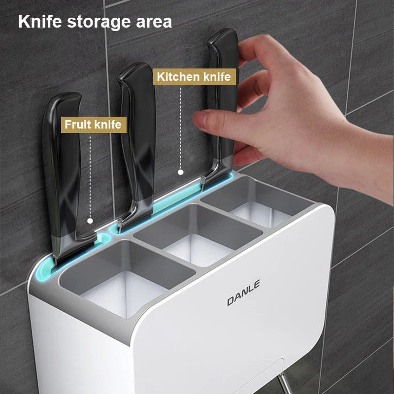 Organizzatore da Parete Multifunzionale per Cucina Senza Foratura, Porta Utensili con Vassoio di Drenaggio Rimovibile e Portasciugamani