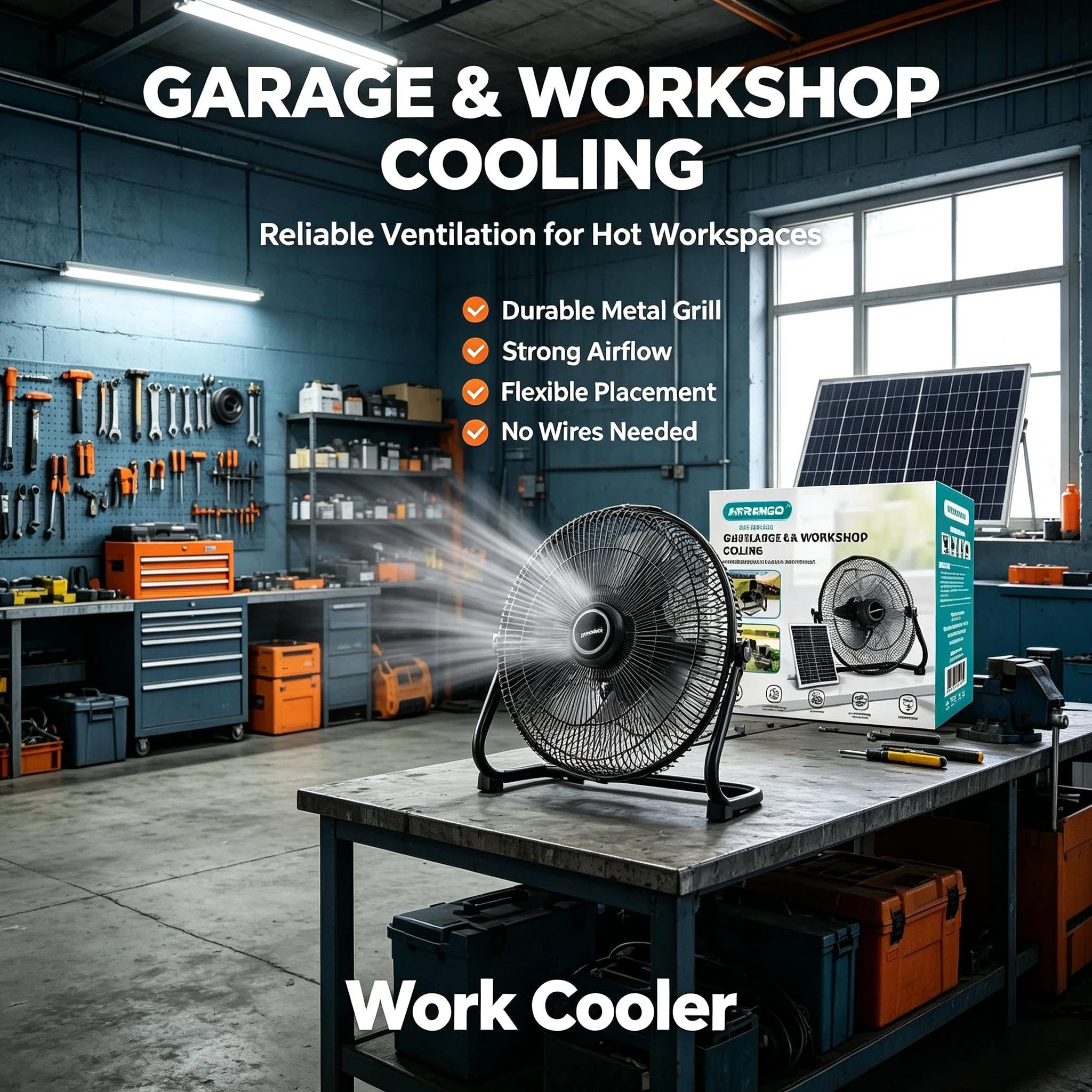 Arrango Solarbetriebener Standventilator, neigbar, leise, 3 Geschwindigkeiten, mit abnehmbarem Solarpanel für Wohnmobil, Angeln, Kühlung bei Stromausfall oder außerhalb des Stromnetzes