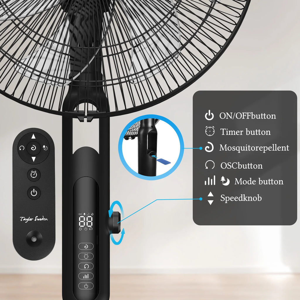 Taylor Swoden leiser Standventilator, DC-Lüfter 25 dB mit Fernbedienung, 3258,6 m³/h, 28 Geschwindigkeiten, 7 Blätter, 40 W, 12 Std. Timer, Anti-Mücken,
