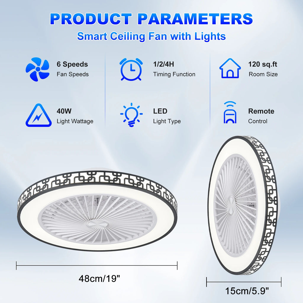 Ventilatore da soffitto con luce LED, telecomando, 6 velocità e luce dimmerabile 3000K-6000K