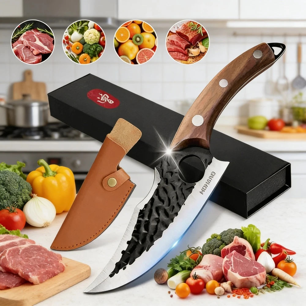 Gebogenes, beschichtetes Messer mit 3-Klingen-Design und Fingerloch, brauner Holzgriff, Geschenkbox für Küche, Kochen, Schneiden, Tranchieren
