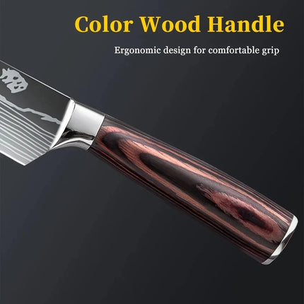 Set di 8 coltelli da cucina multiuso, manico in legno rosso con motivo laser, coltelli da cucina multifunzione lavabili in lavastoviglie con borsa in nylon