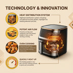 Podofo10L Heißluftfritteuse 80–200 °C Innenbehälter mit Antihaftbeschichtung für 4–6 Personen, 1350 W Leistung, 7 voreingestellte Menüs, LED-Schüttelerinnerung