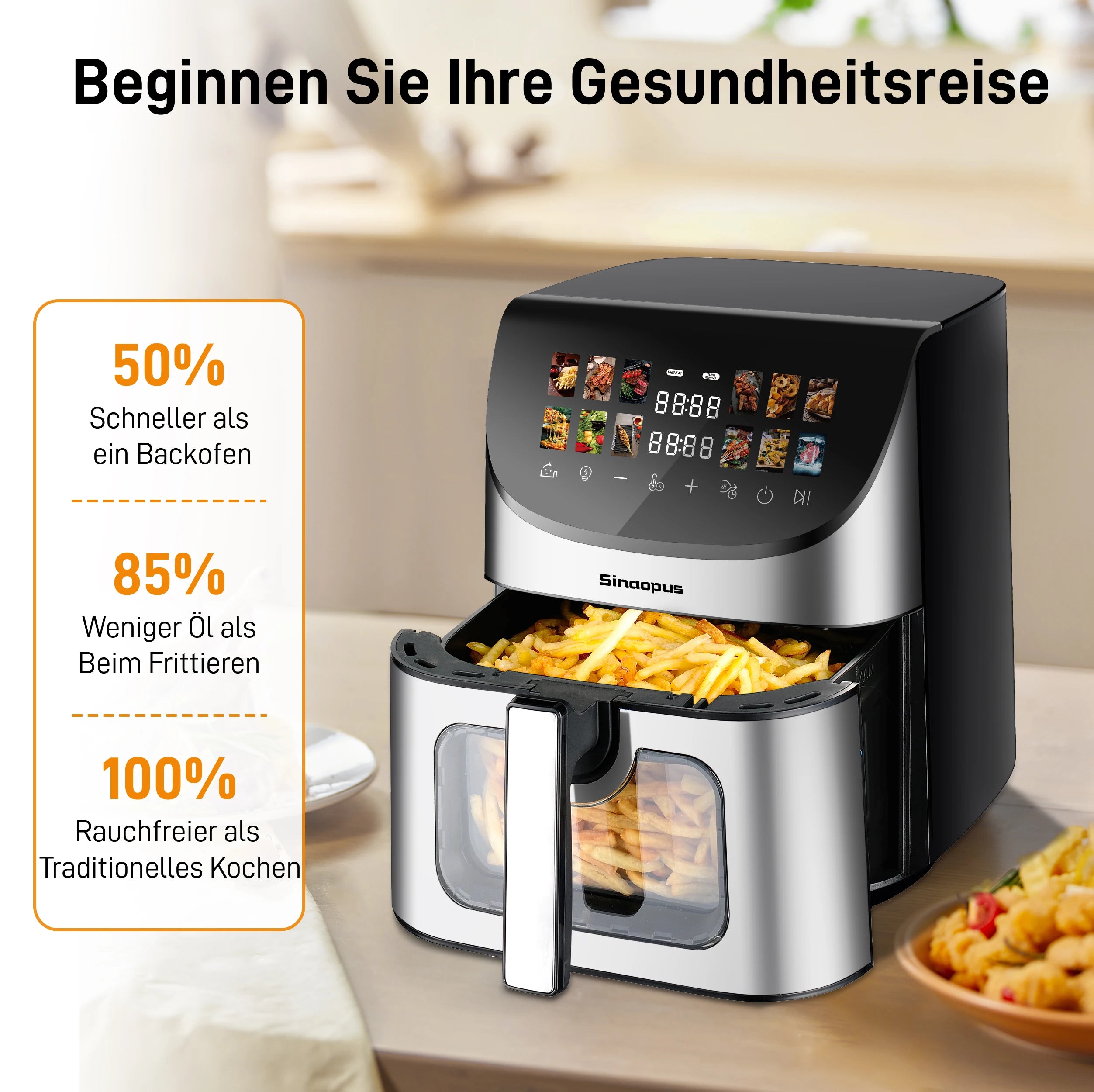 Sinaopus Friggitrice ad Aria 8L, 1700W, Display Touch LED