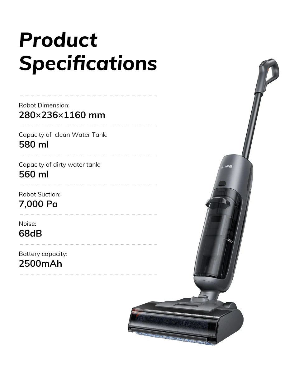 ILIFE W90 Pro Wireless Smart Floor Washer, 7000Pa Suction, 1 Minute Self-Cleaning, Dual Water Tank, Upgraded Version of W90