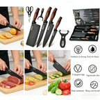 Set di 6 Coltelli da Cucina ZENG con Lame Affilate Antiaderenti, Manico Ergonomico in Legno, Set Completo per Cucinare e Tagliare
