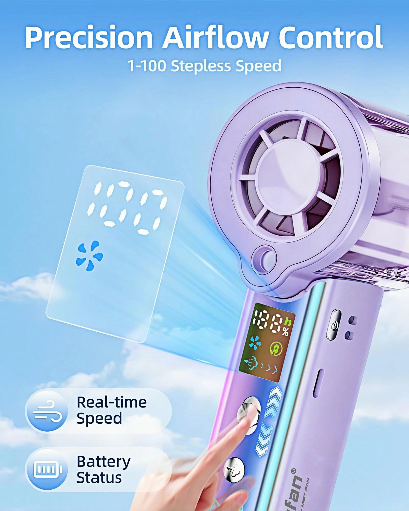 Ventilatore portatile a spruzzo 4 in 1, ventilatore ricaricabile a batteria USB ultra-grande, regolabile a 100 corse, mini ventilatore, ventilatore personale pieghevole, schermo LED, per trucco / concerti (lila)