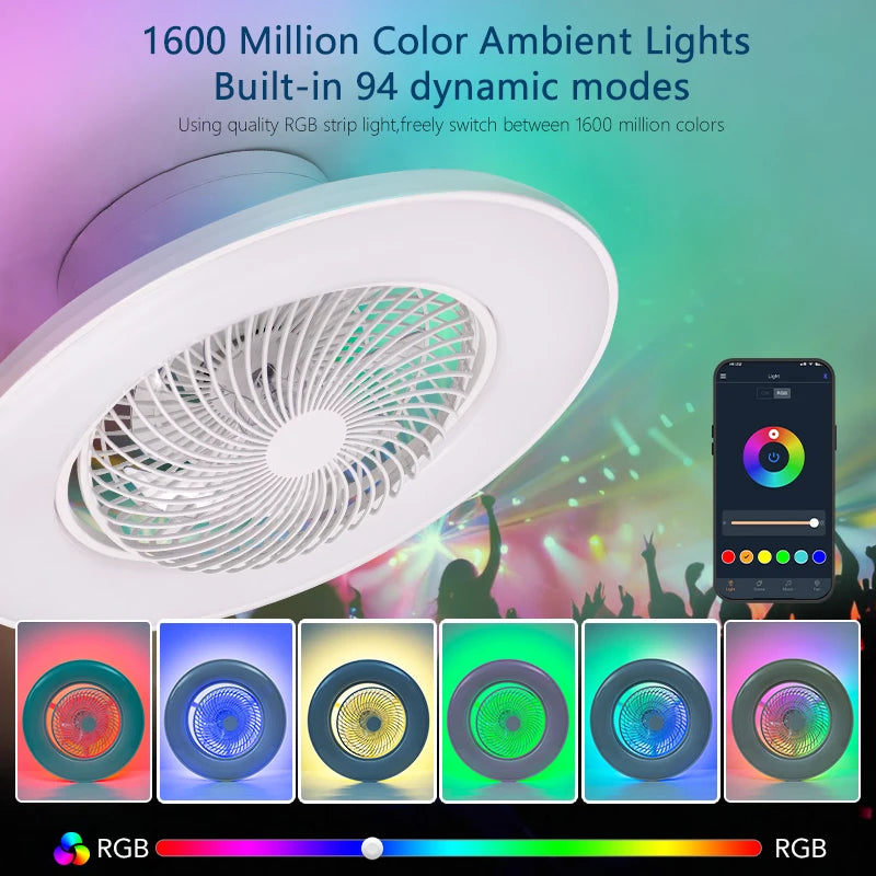 Ventilatore da soffitto da 100W con luce, controllo remoto tramite APP, lampada a LED dimmerabile a 360° °   Luce di sfondo RGB silenziosa girevole a 6 velocità per la casa