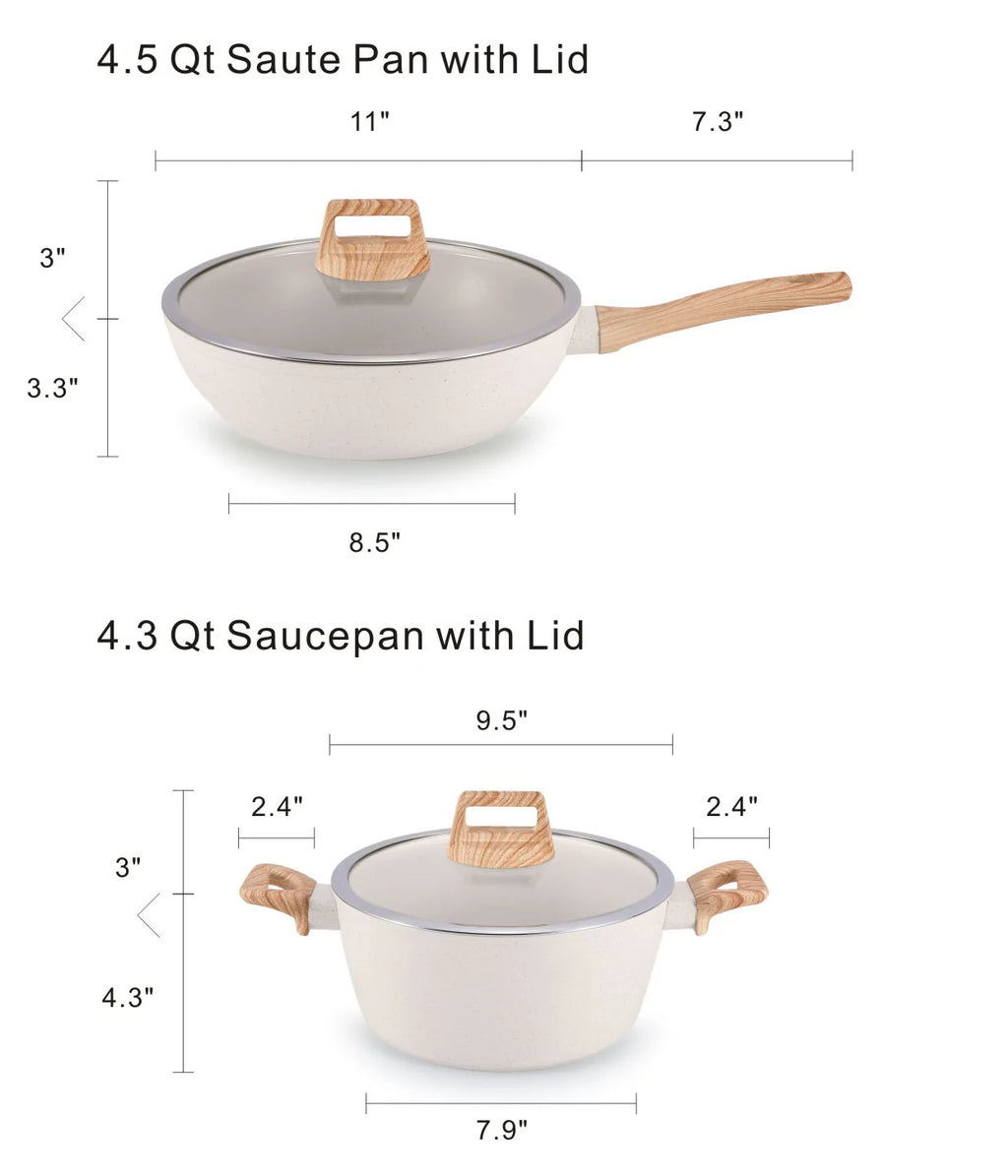 Set di Pentole in Alluminio da 21 Pezzi, Antiaderente, Bianco Granito, per Cucina a Induzione, con Coperchio, Doppio Manico, Utensili in Silicone, Senza PFOA