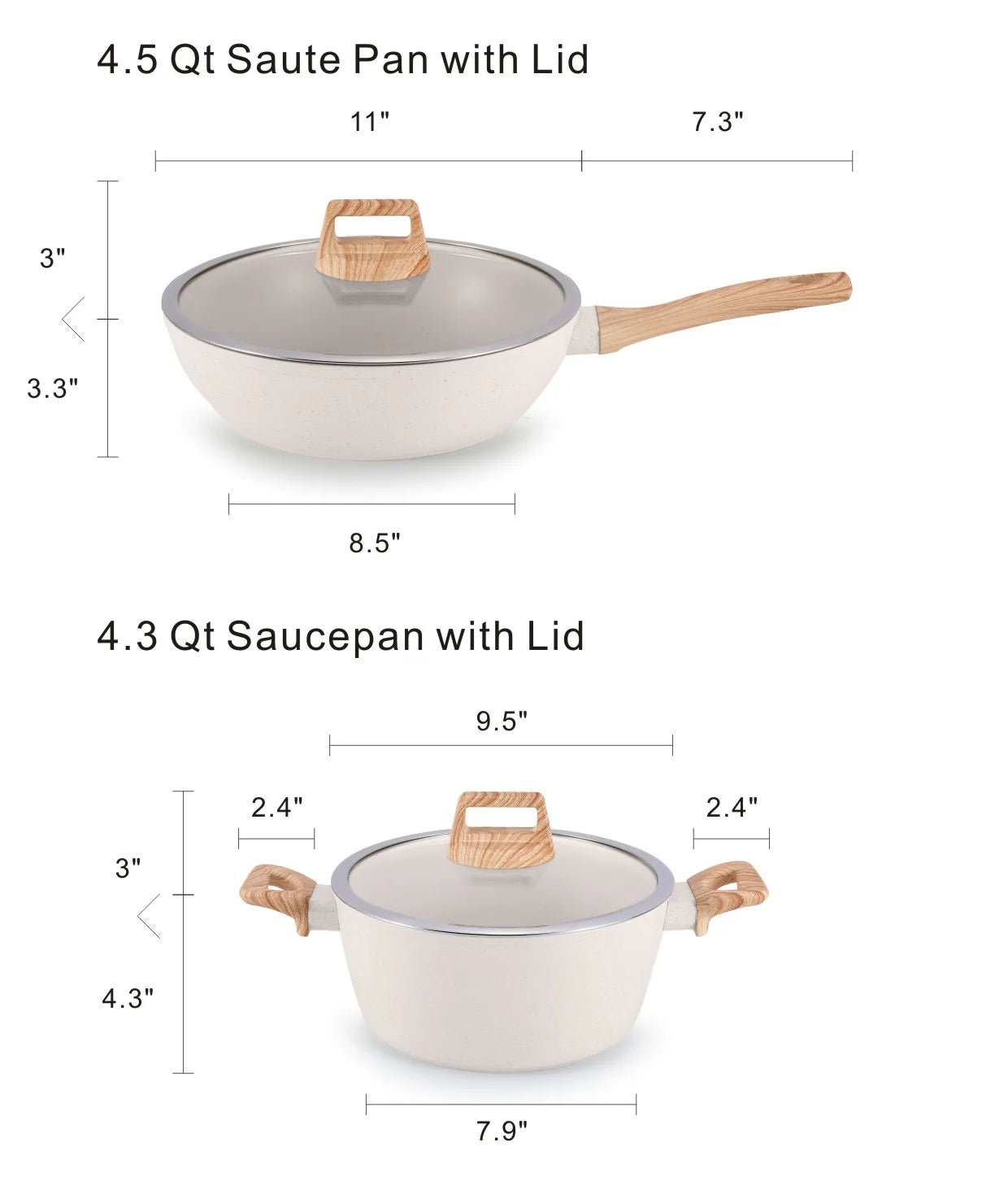 Set di Pentole in Alluminio da 21 Pezzi, Antiaderente, Bianco Granito, per Cucina a Induzione, con Coperchio, Doppio Manico, Utensili in Silicone, Senza PFOA