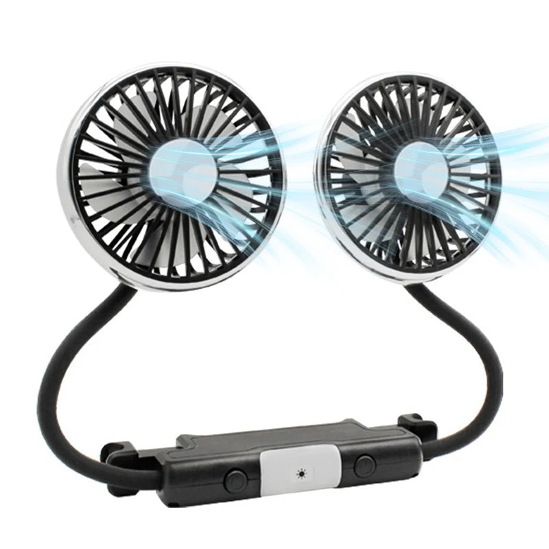 Ventilatore di raffreddamento per sedile auto EAFC a 3 velocità, ricarica USB, doppia testa, illuminazione LED, rotazione a 360 gradi, raffreddatore per il collo, per uso domestico e viaggi